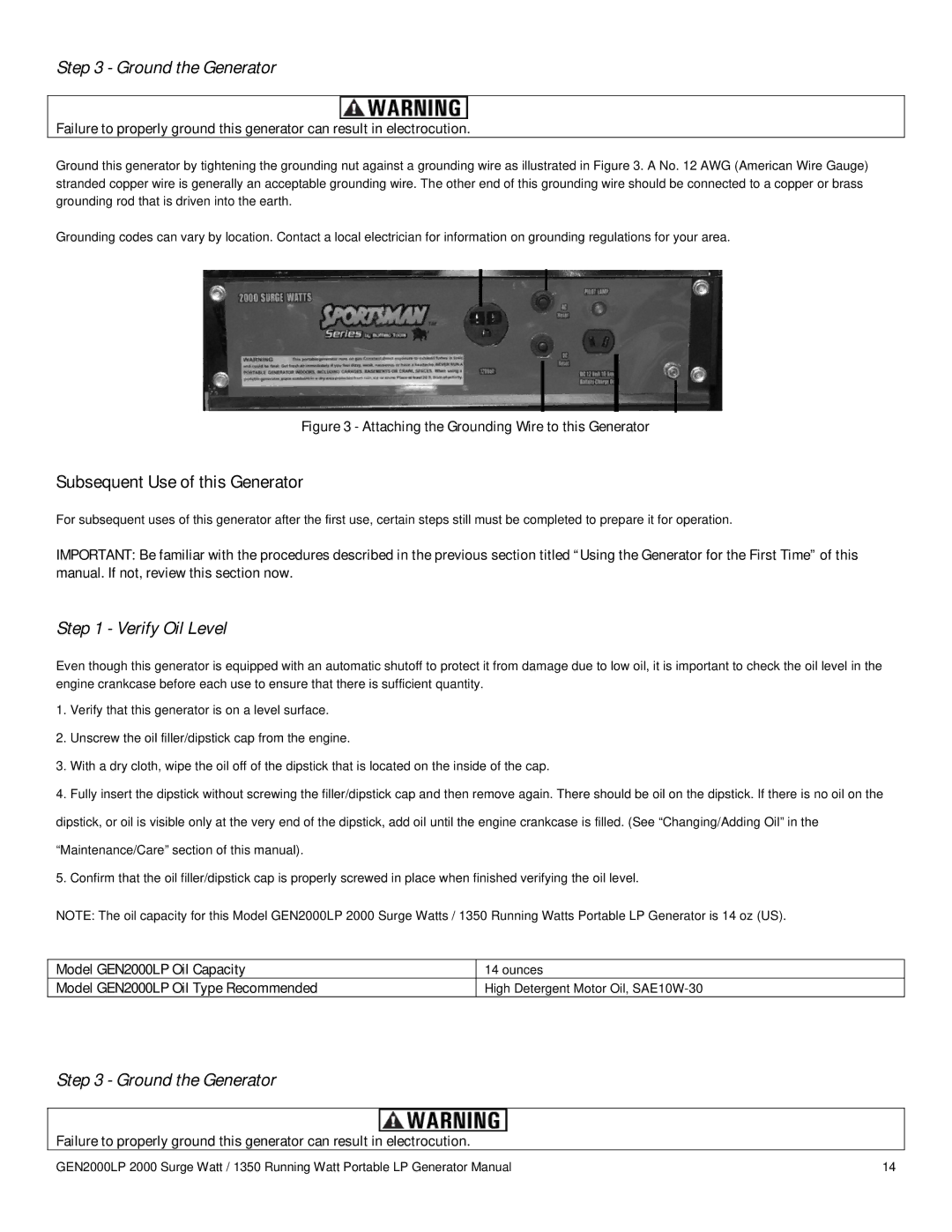 Buffalo Tools GEN2000LP instruction manual Ground the Generator, Subsequent Use of this Generator 