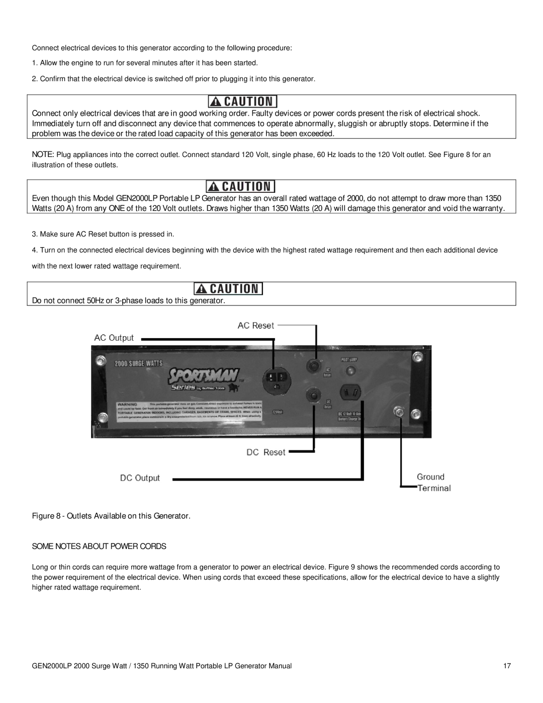 Buffalo Tools GEN2000LP instruction manual Some Notes about Power Cords 