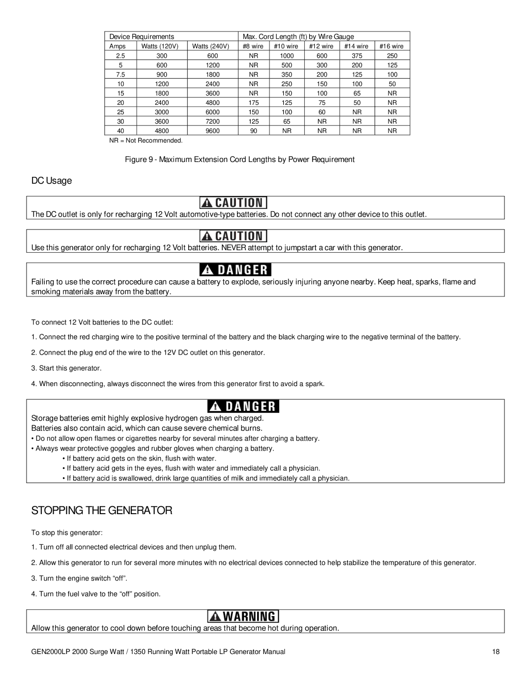 Buffalo Tools GEN2000LP instruction manual Stopping the Generator, DC Usage 