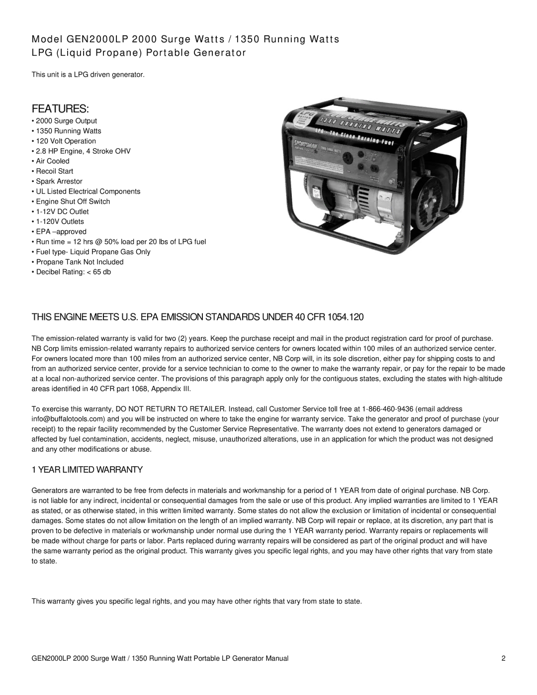 Buffalo Tools GEN2000LP instruction manual Features, This Engine Meets U.S. EPA Emission Standards Under 40 CFR 