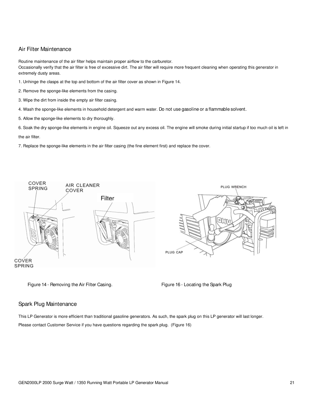 Buffalo Tools GEN2000LP instruction manual Air Filter Maintenance, Spark Plug Maintenance 