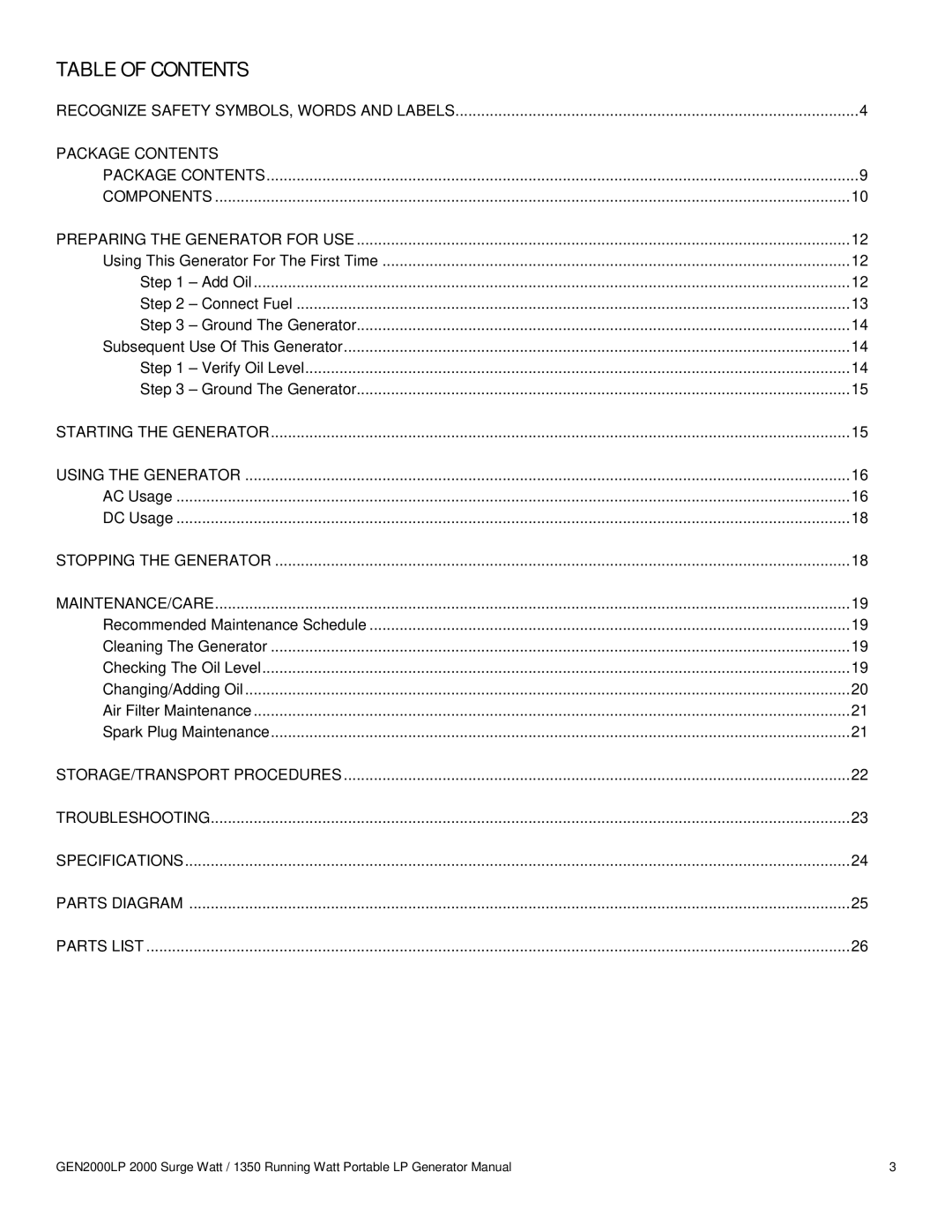 Buffalo Tools GEN2000LP instruction manual Table of Contents 