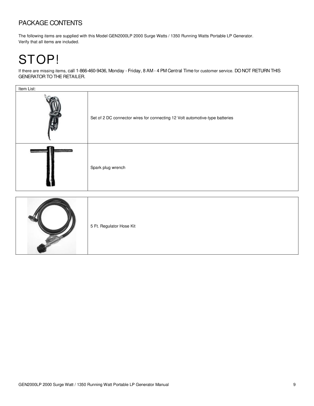 Buffalo Tools GEN2000LP instruction manual Package Contents 