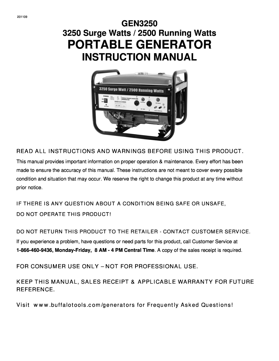Buffalo Tools instruction manual Portable Generator, GEN3250 3250 Surge Watts / 2500 Running Watts 