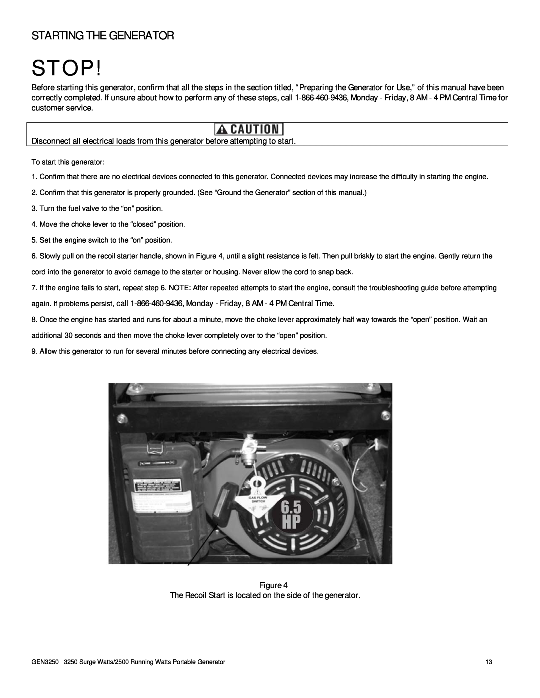 Buffalo Tools GEN3250 instruction manual Starting The Generator, Stop 