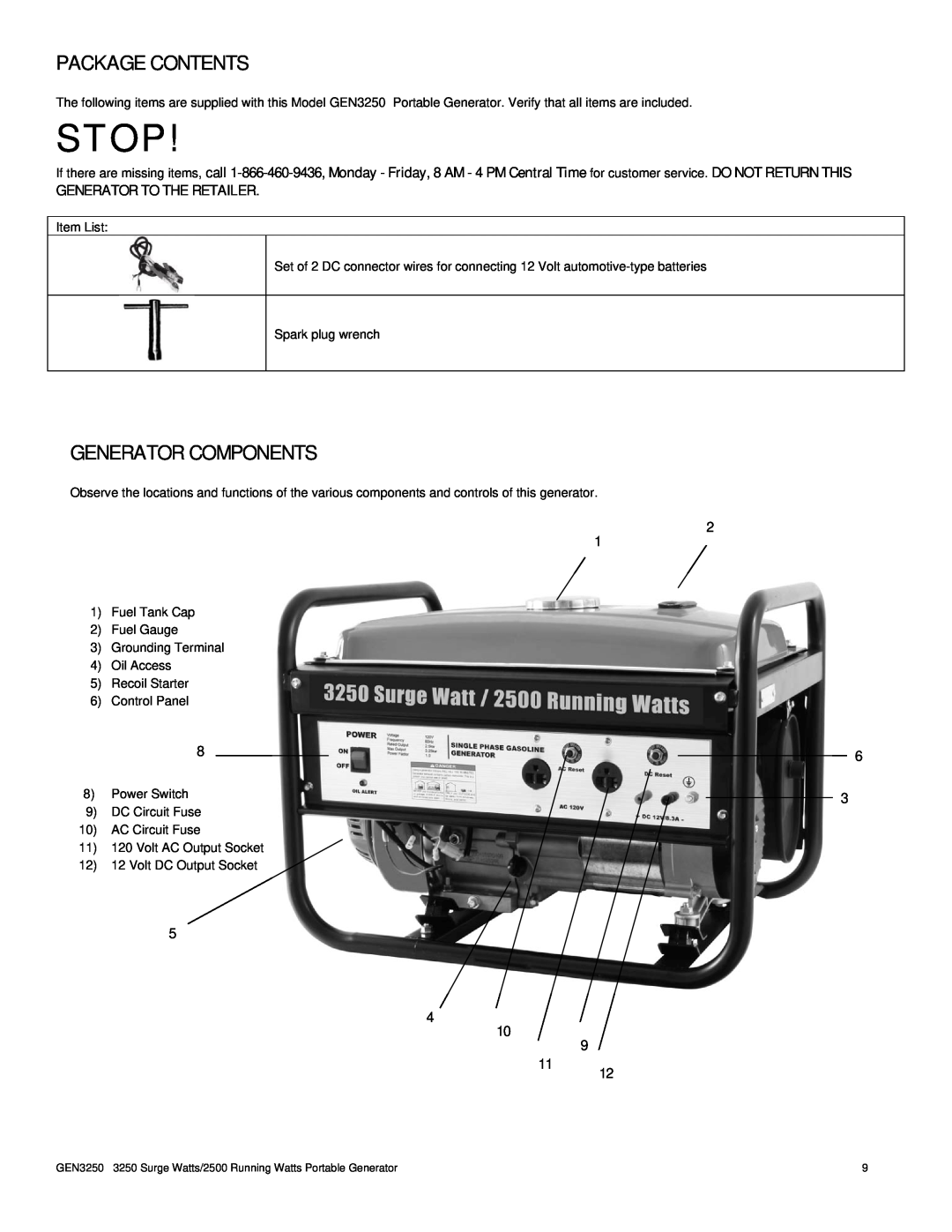 Buffalo Tools GEN3250 instruction manual Package Contents, Generator Components, Stop, Generator To The Retailer 