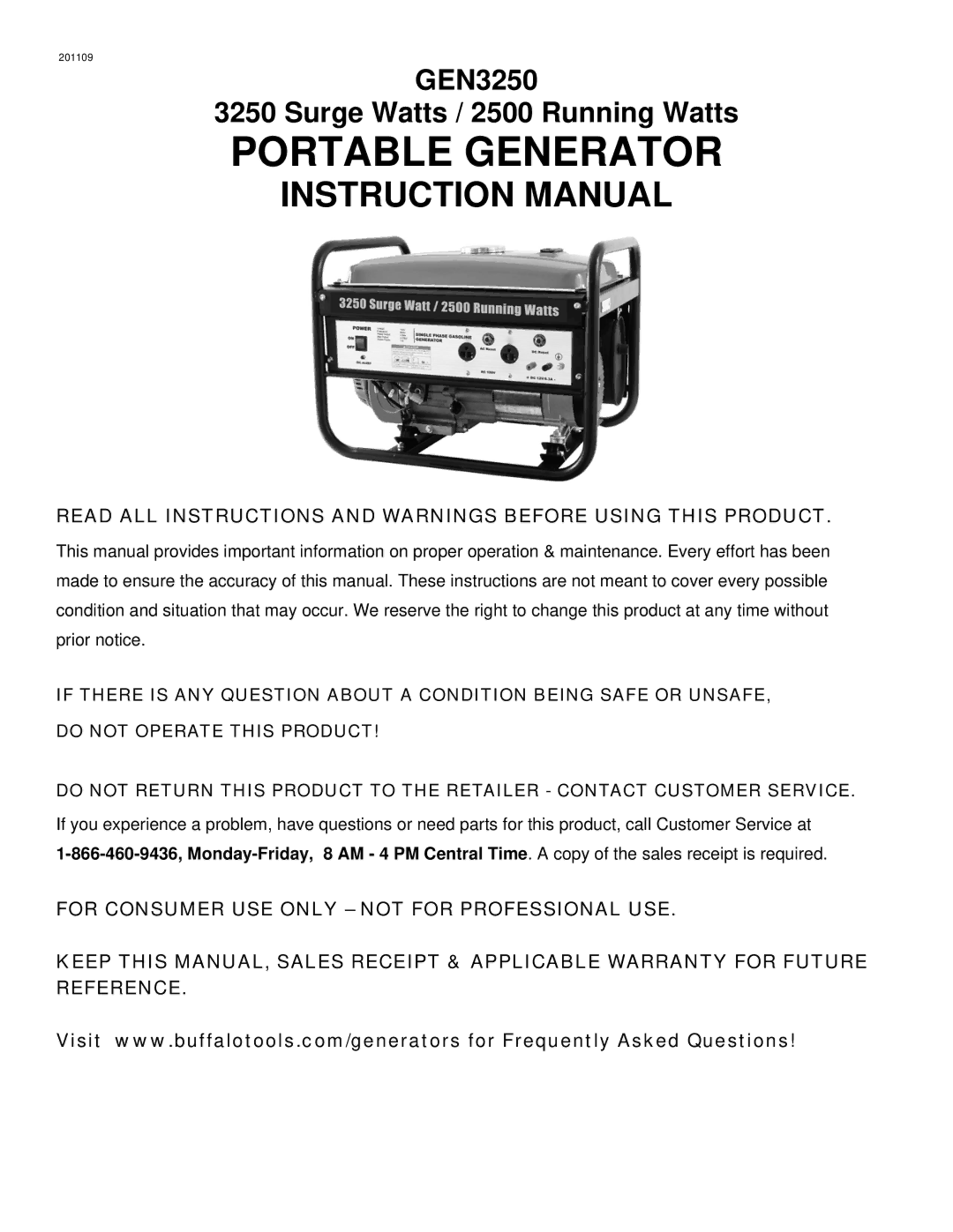 Buffalo Tools GEN3250 instruction manual Portable Generator 