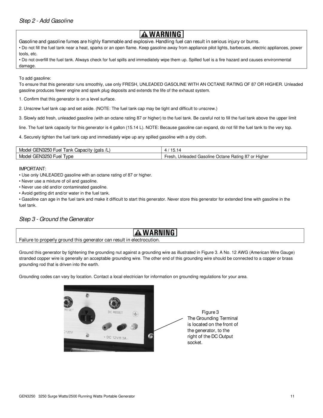 Buffalo Tools GEN3250 instruction manual Add Gasoline 