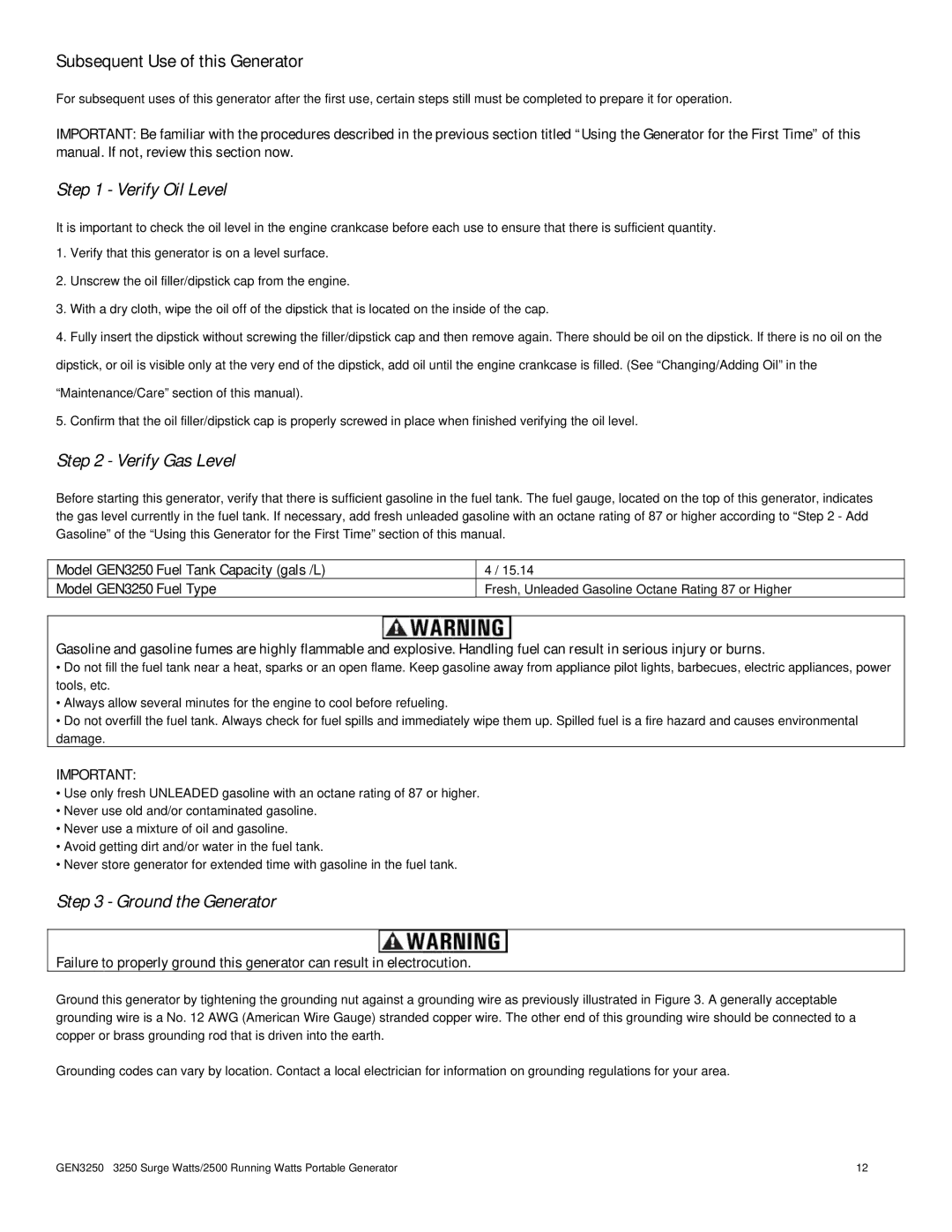 Buffalo Tools GEN3250 instruction manual Subsequent Use of this Generator, Verify Oil Level 