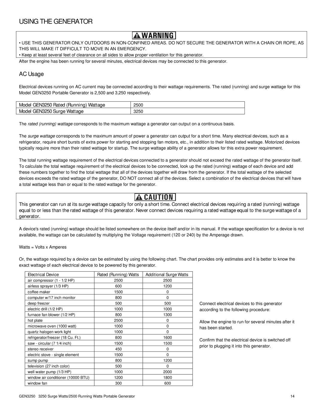 Buffalo Tools GEN3250 instruction manual Using the Generator, AC Usage 