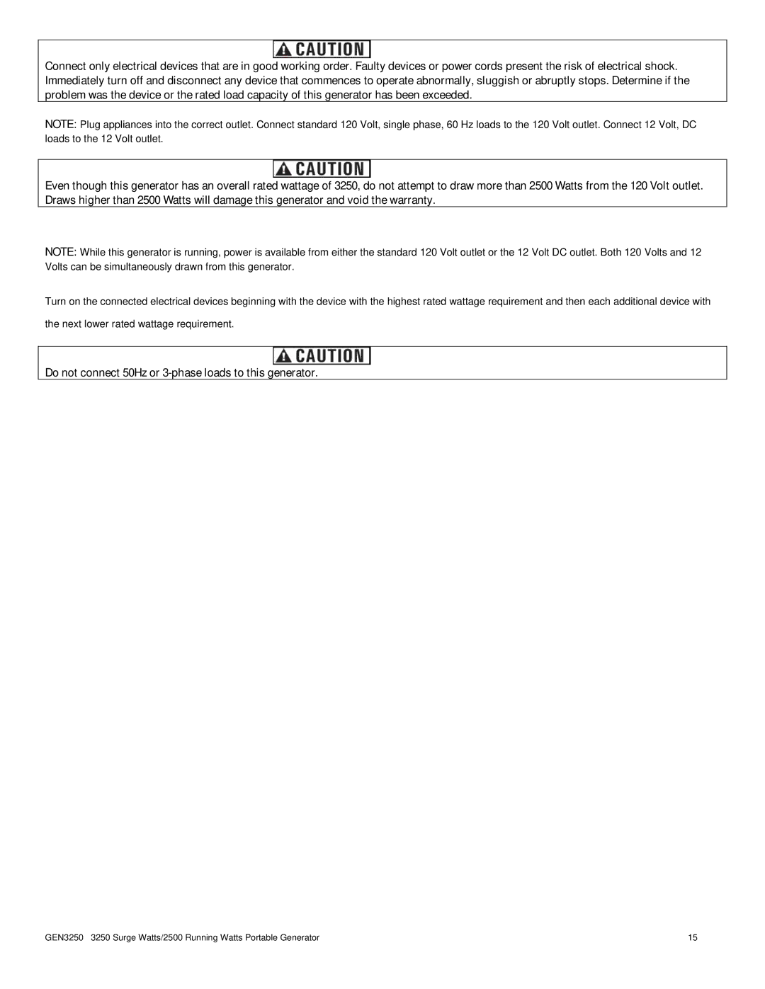 Buffalo Tools GEN3250 instruction manual Do not connect 50Hz or 3-phase loads to this generator 