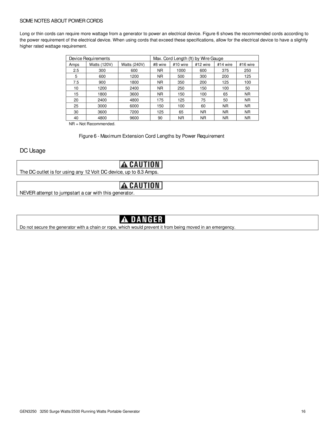 Buffalo Tools GEN3250 instruction manual DC Usage, Some Notes about Power Cords 