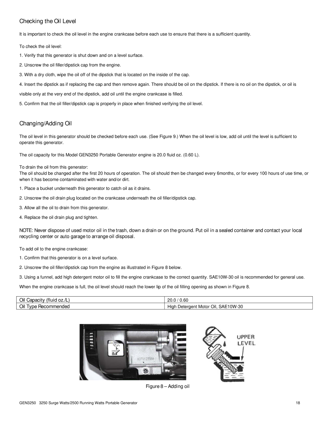 Buffalo Tools GEN3250 instruction manual Checking the Oil Level, Changing/Adding Oil 