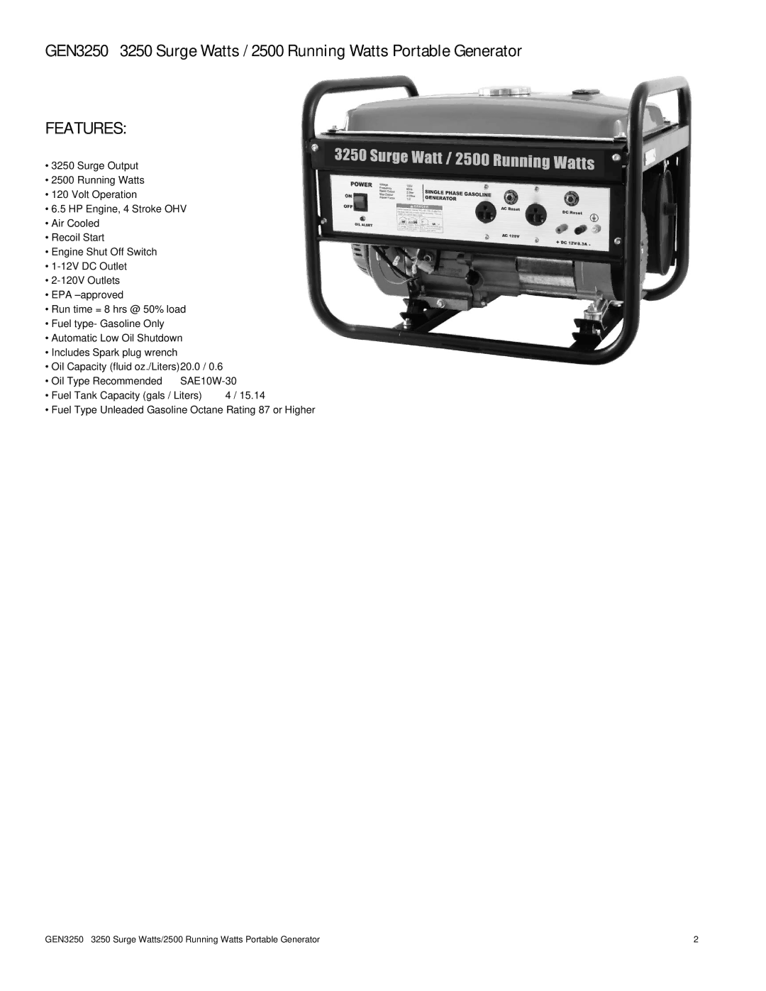 Buffalo Tools GEN3250 instruction manual Features 