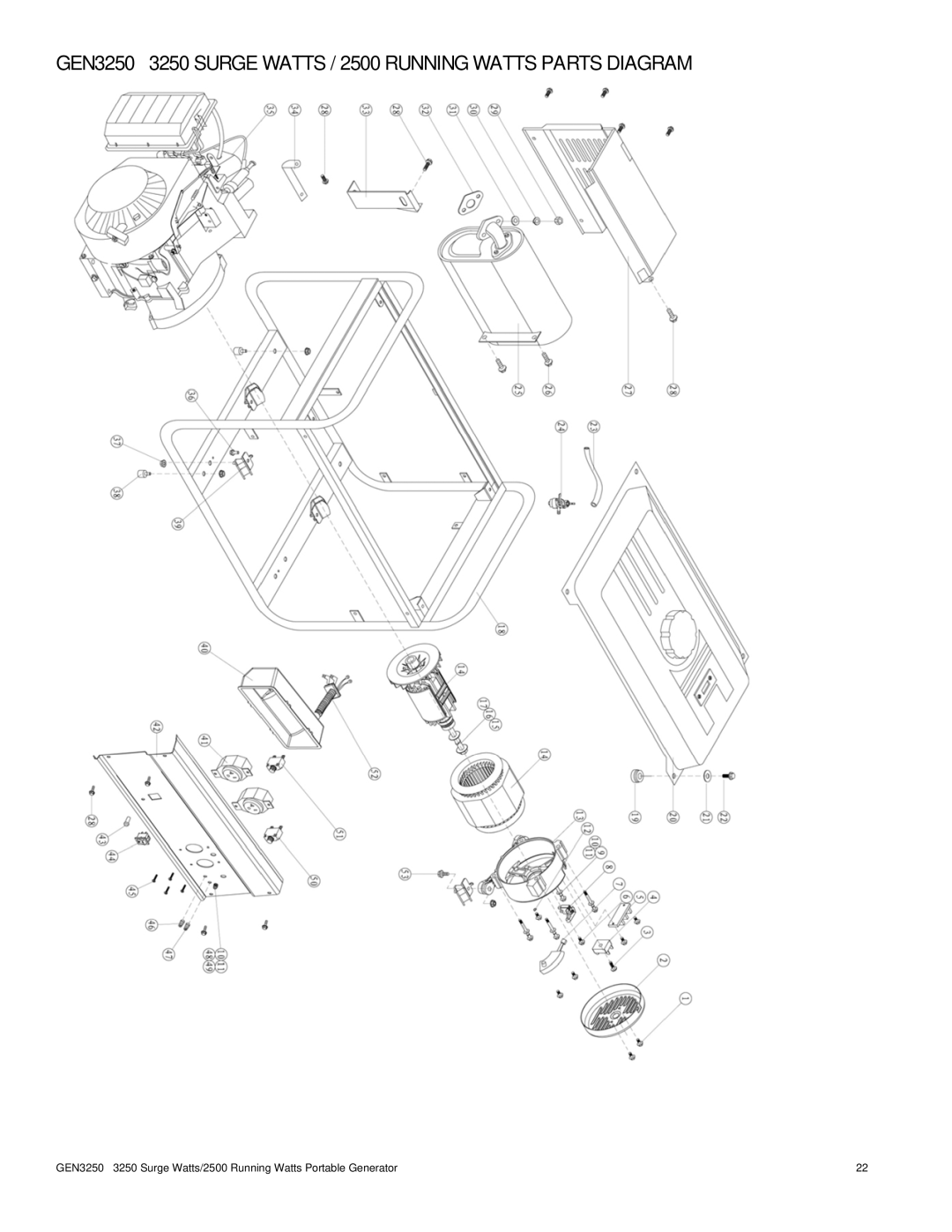 Buffalo Tools instruction manual GEN3250 3250 Surge Watts / 2500 Running Watts Parts Diagram 