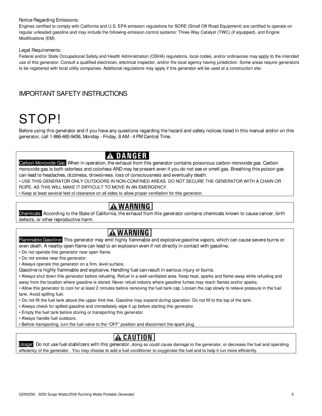 Buffalo Tools GEN3250 instruction manual Important Safety Instructions, Legal Requirements 