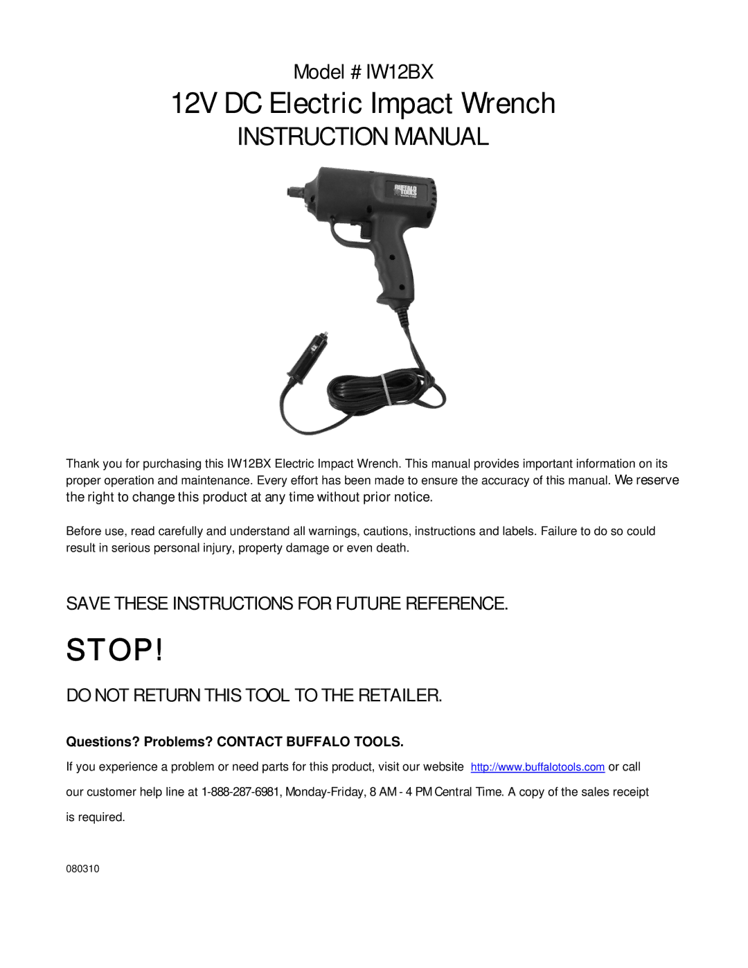 Buffalo Tools IW12BX 12V instruction manual 12V DC Electric Impact Wrench 