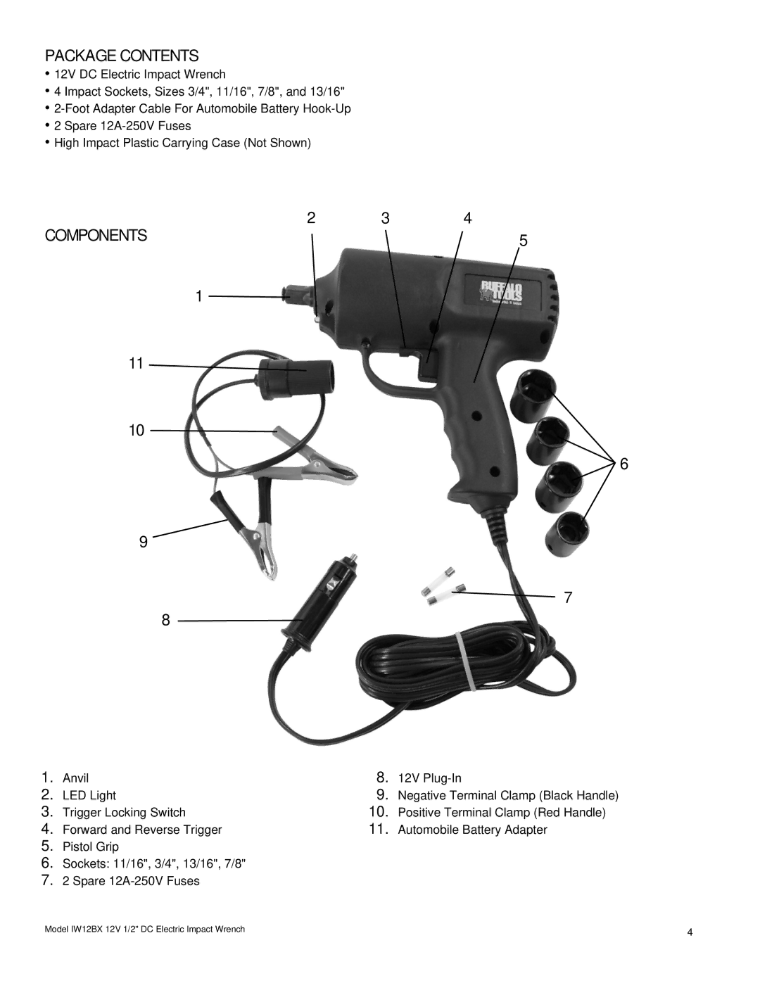 Buffalo Tools IW12BX 12V instruction manual Package Contents, Components 