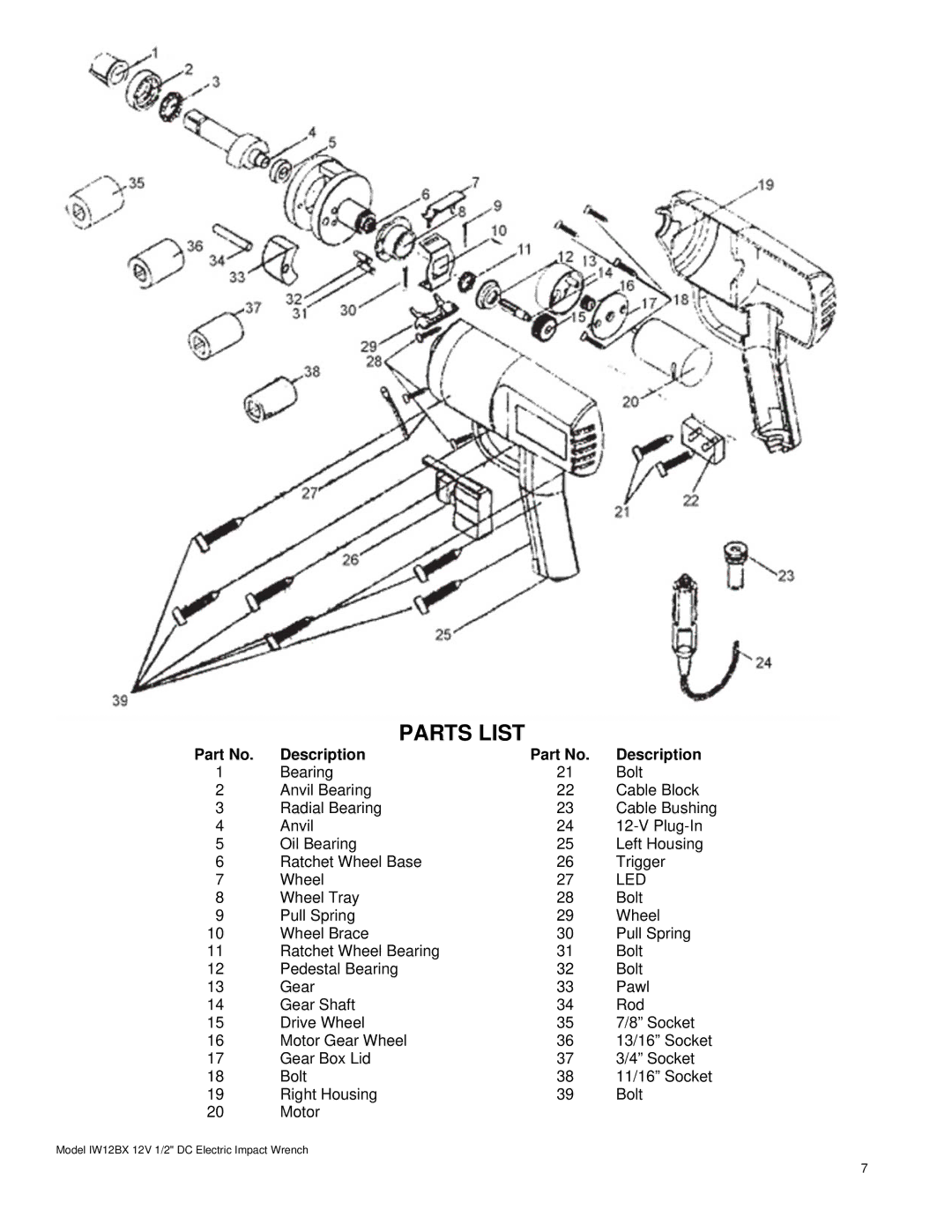 Buffalo Tools IW12BX 12V instruction manual Parts List, Description 