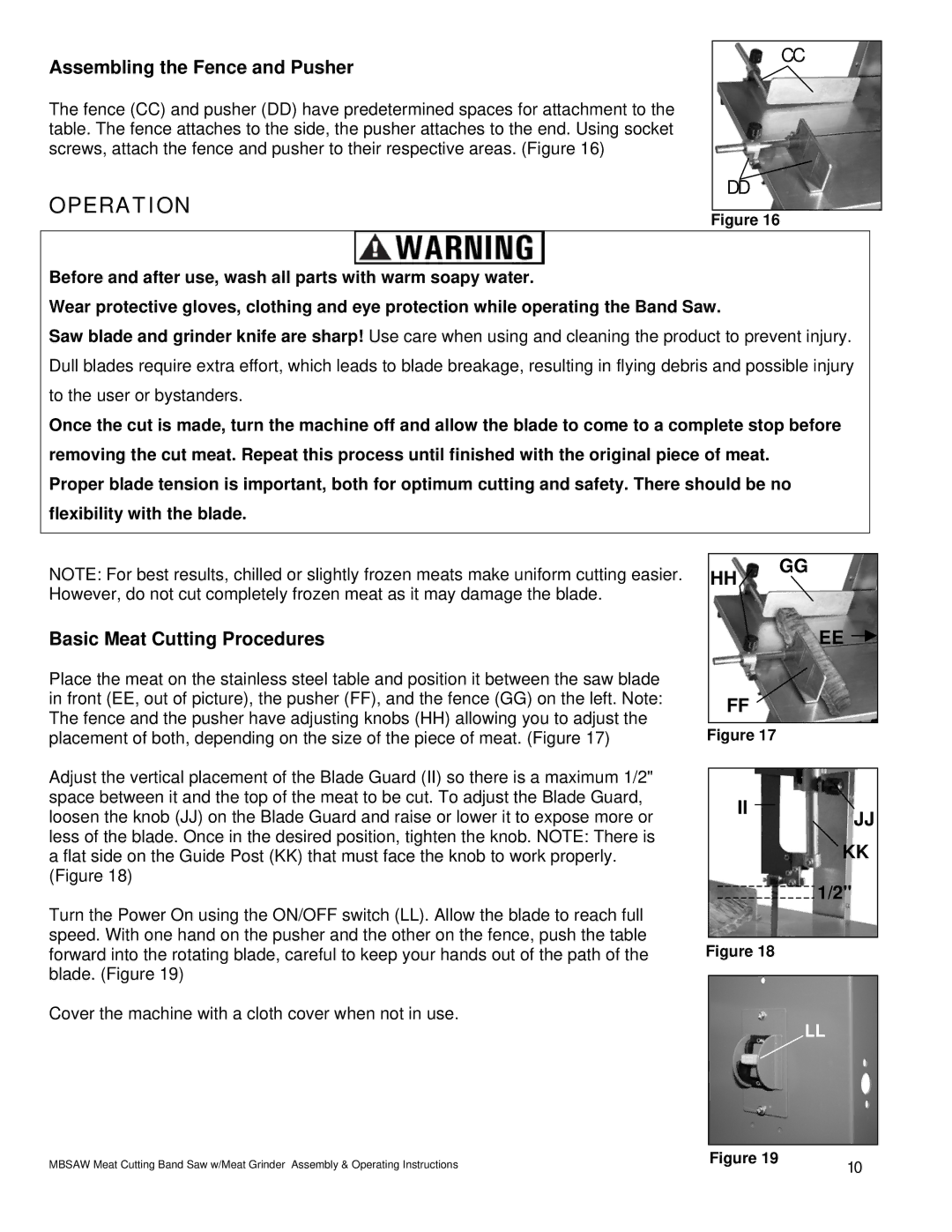 Buffalo Tools IW12BX operating instructions Operation, Assembling the Fence and Pusher, Basic Meat Cutting Procedures 