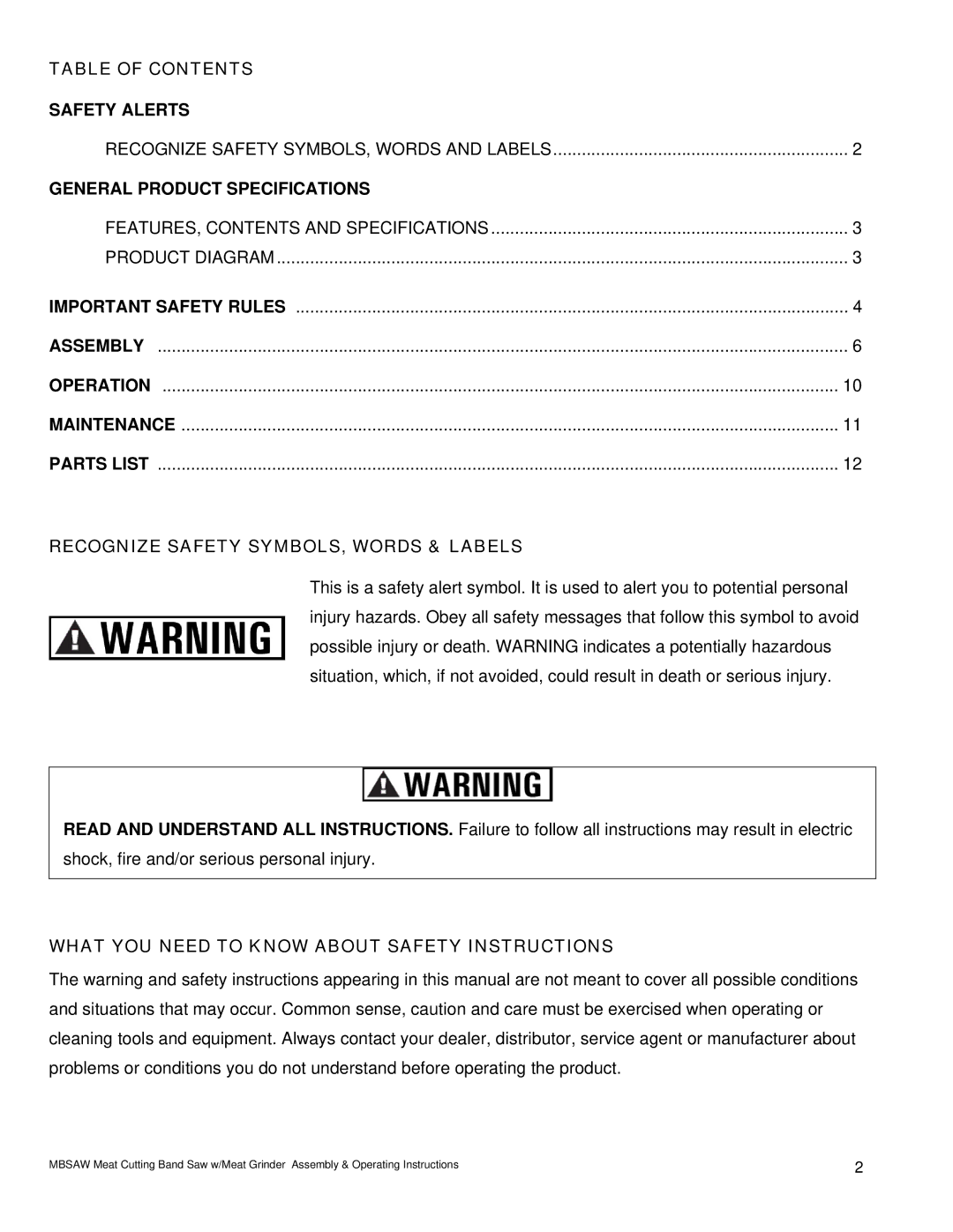 Buffalo Tools IW12BX operating instructions Table of Contents Safety Alerts 