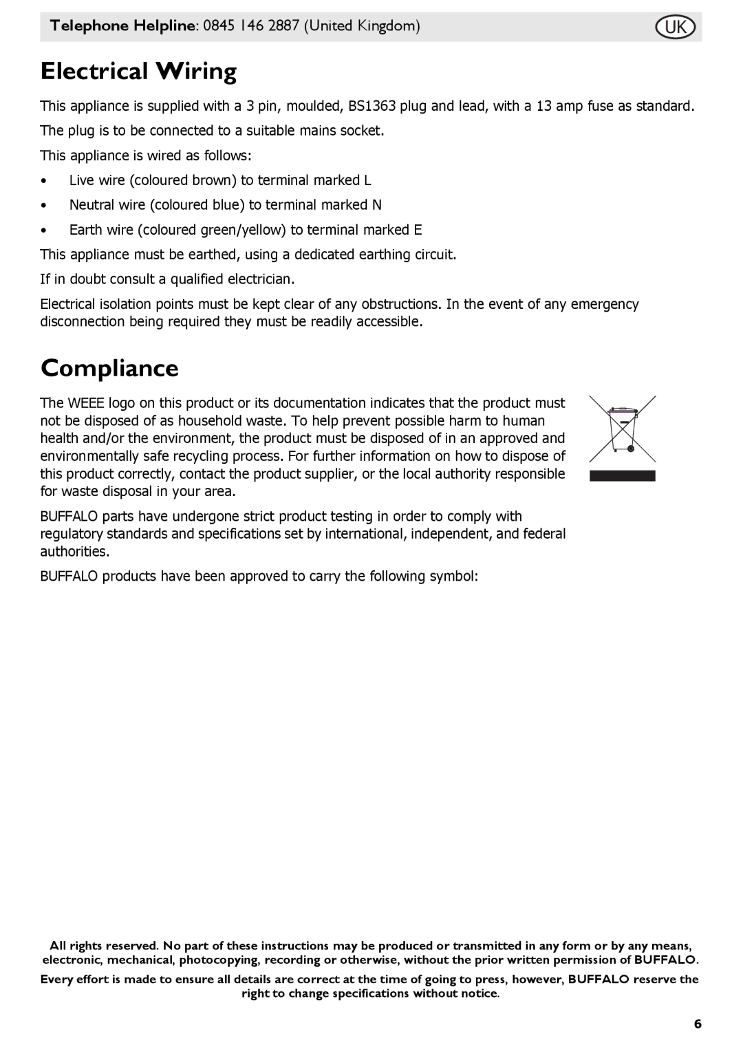 Buffalo Tools L300, L495, P107, L484, L301, f/1.0L USM, L370, L490 instruction manual Electrical Wiring, Compliance 