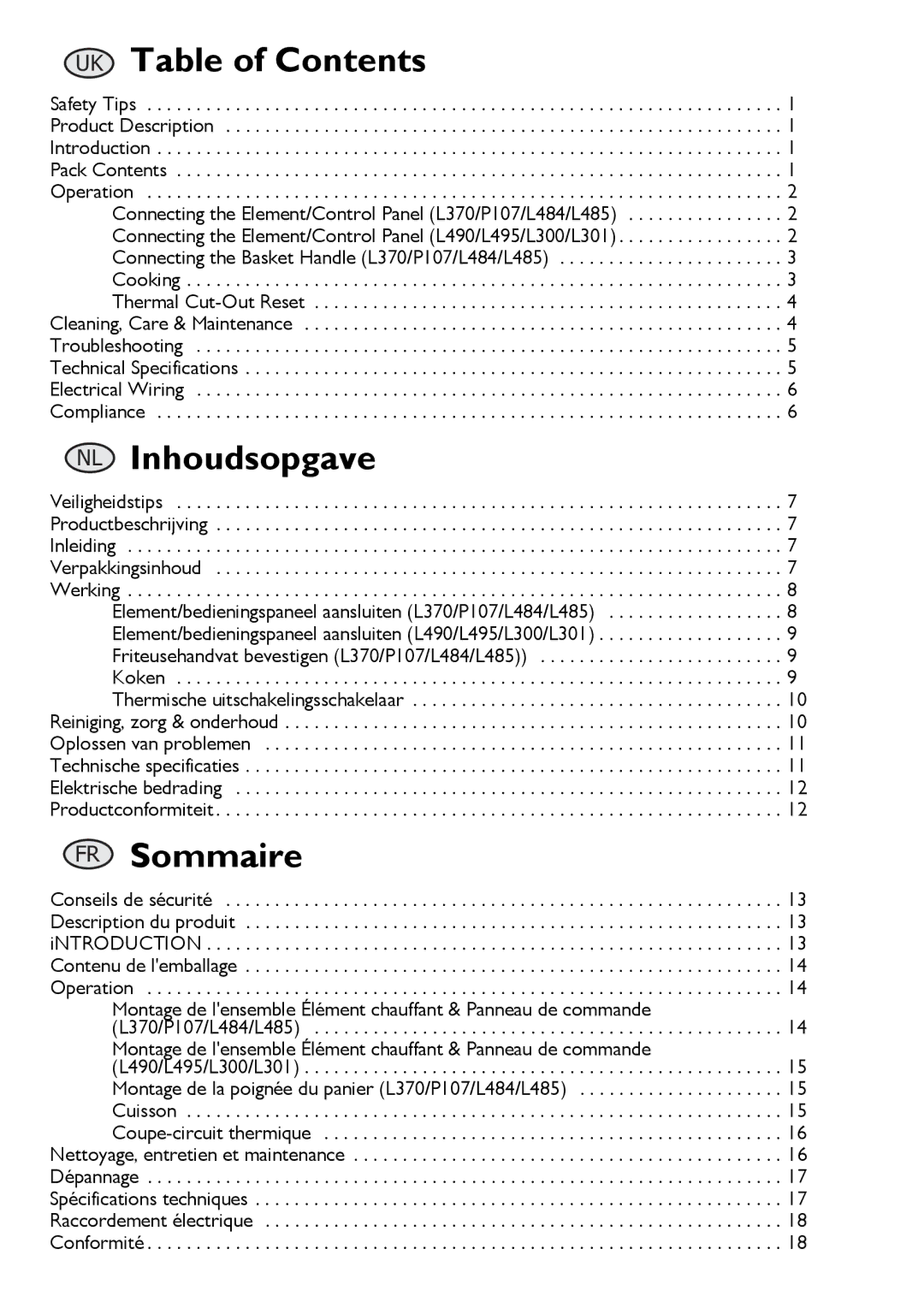 Buffalo Tools L484, L495, P107, L300, L301, f/1.0L USM, L370, L490 instruction manual Table of Contents 