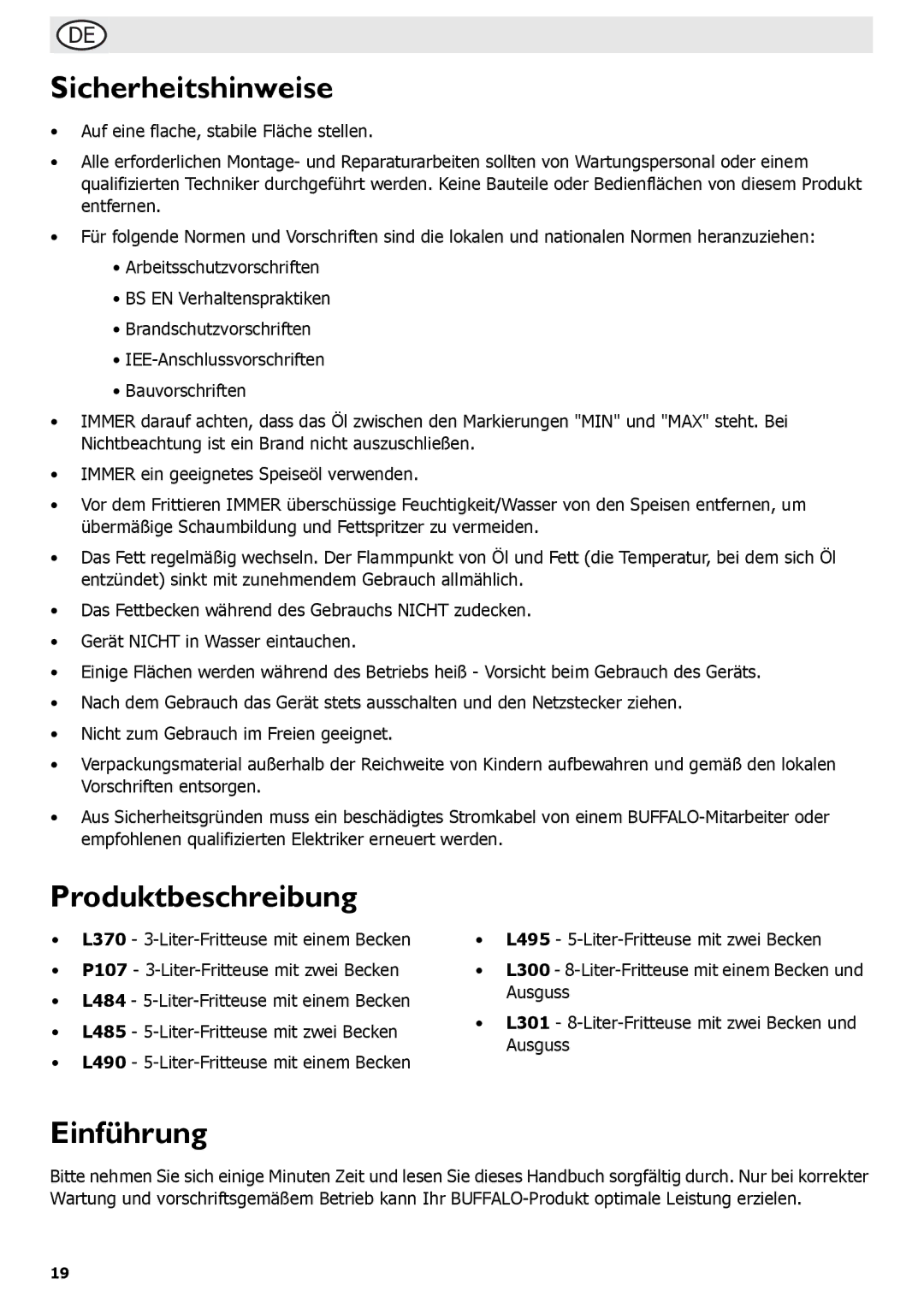 Buffalo Tools L495, P107, L484, L300, L301, f/1.0L USM, L370, L490 Sicherheitshinweise, Produktbeschreibung, Einführung 