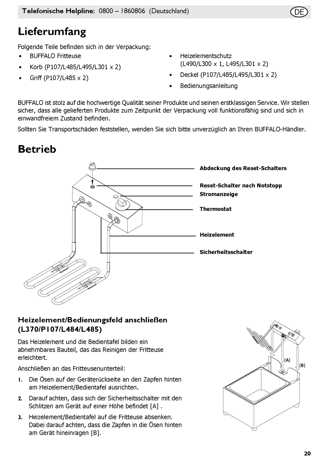 Buffalo Tools L495, L300, L301, L490 Lieferumfang, Betrieb, Heizelement/Bedienungsfeld anschließen L370/P107/L484/L485 