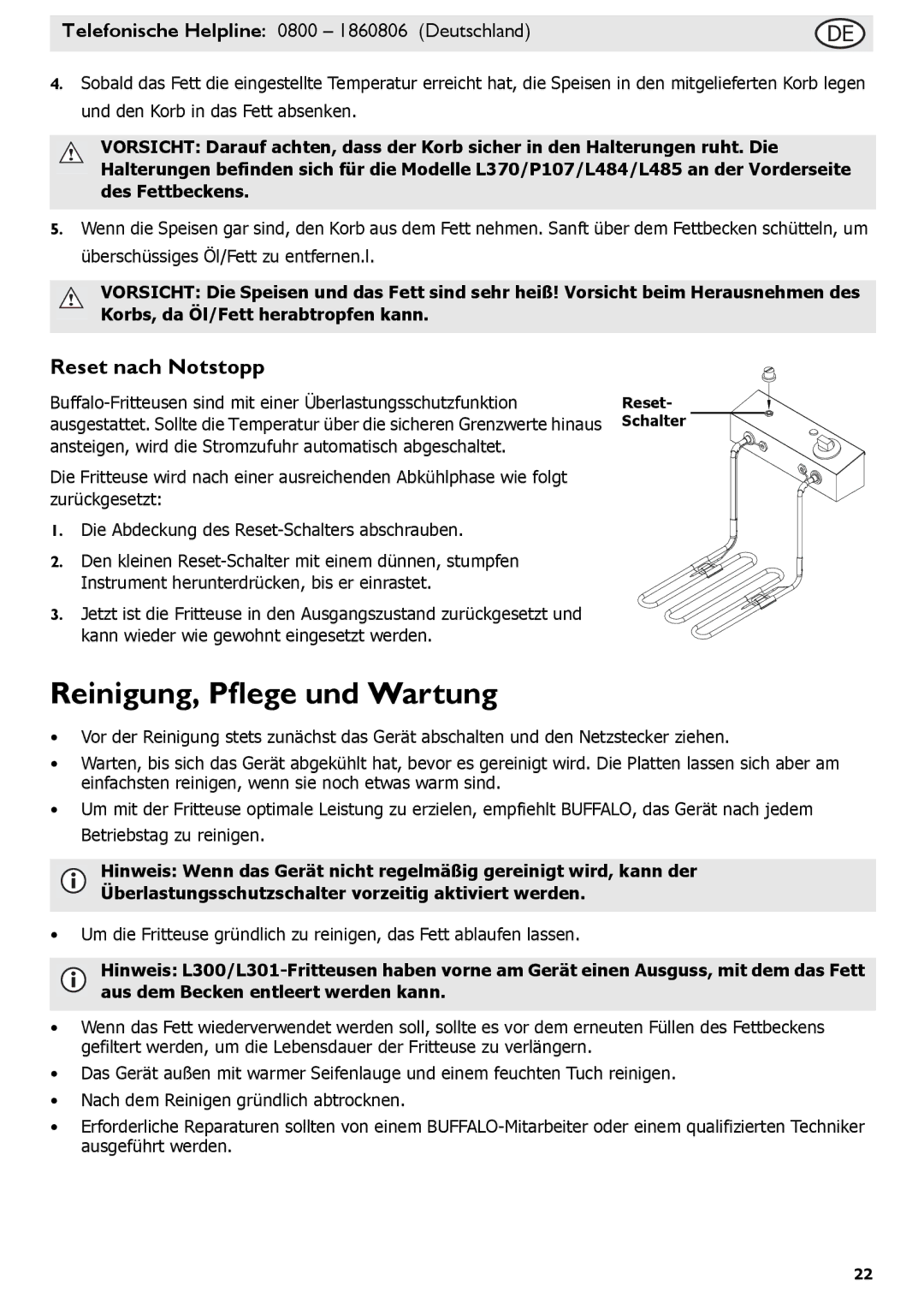 Buffalo Tools L300, L495, P107, L484, L301, f/1.0L USM, L370, L490 Reinigung, Pflege und Wartung, Reset nach Notstopp 