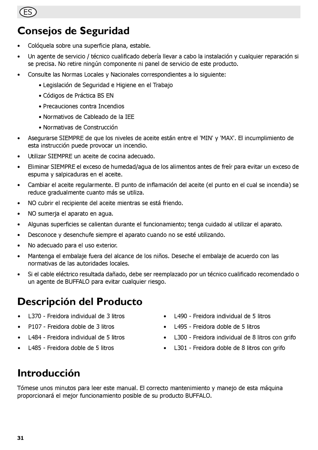 Buffalo Tools L301, L495, P107, L484, L300, f/1.0L USM, L370, L490 Consejos de Seguridad, Descripción del Producto, Introducción 