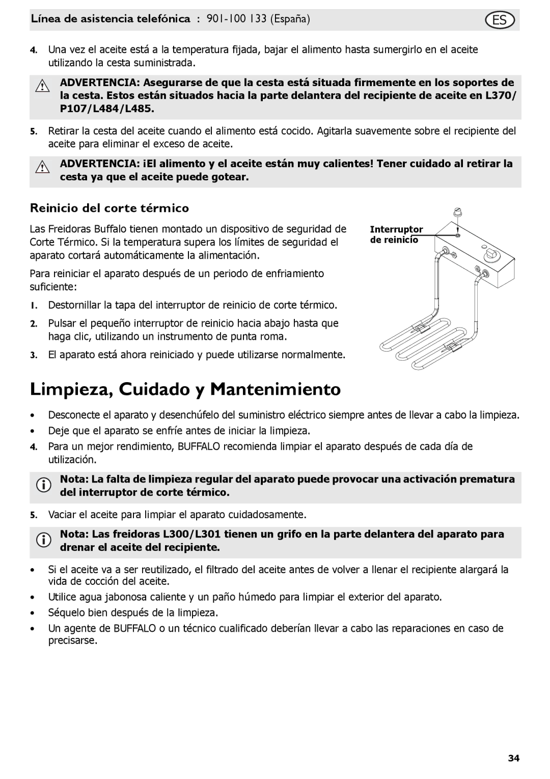 Buffalo Tools L490, L495, P107, L484, L300, L301, f/1.0L USM, L370 Limpieza, Cuidado y Mantenimiento, Reinicio del corte térmico 