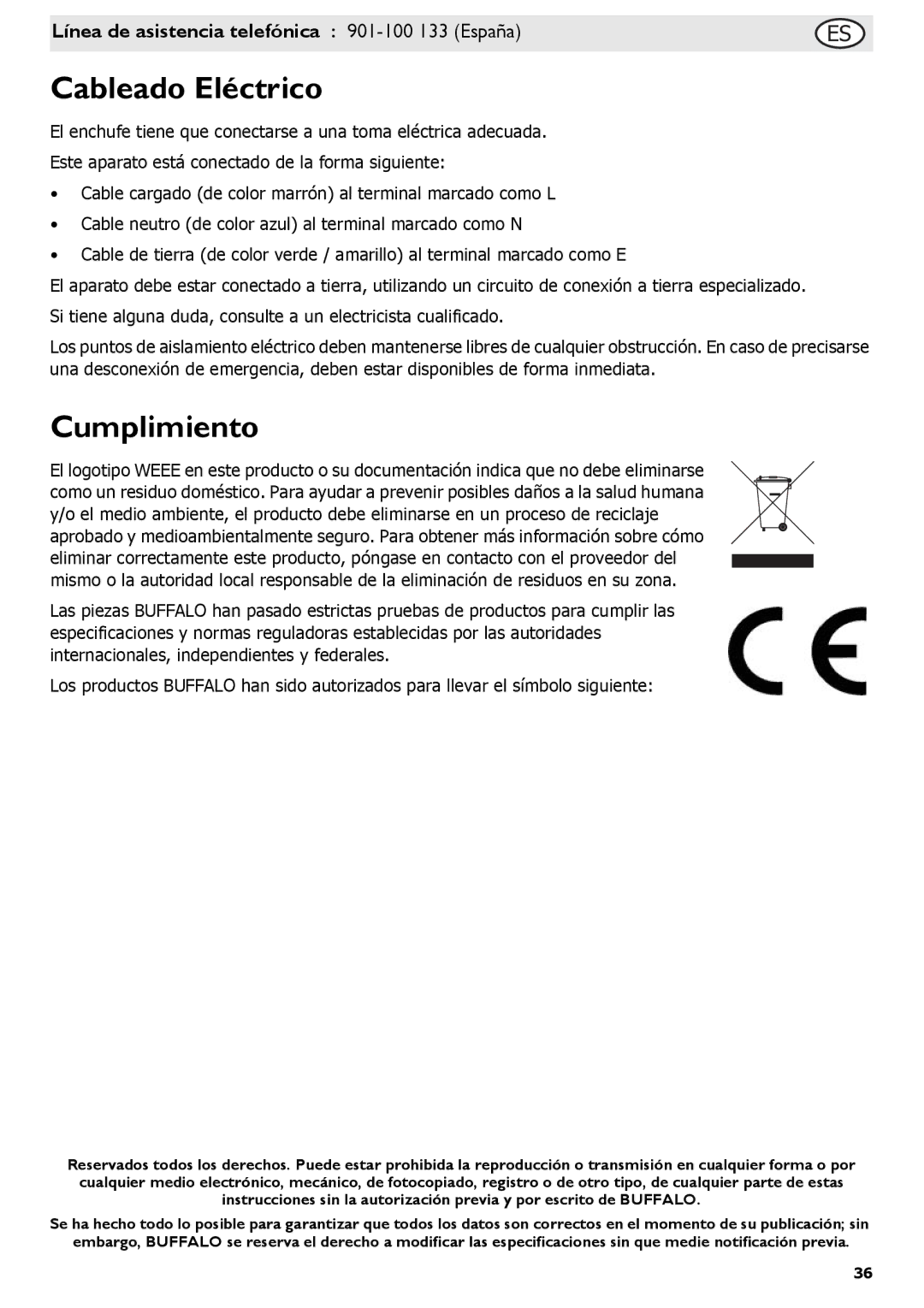 Buffalo Tools P107, L495, L484, L300, L301, f/1.0L USM, L370, L490 instruction manual Cableado Eléctrico, Cumplimiento 