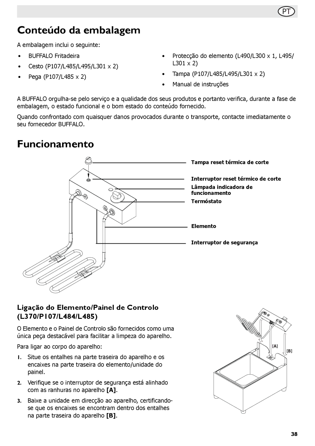 Buffalo Tools L300, L495 Conteúdo da embalagem, Funcionamento, Ligação do Elemento/Painel de Controlo L370/P107/L484/L485 