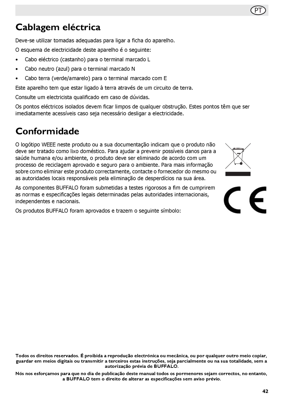 Buffalo Tools L490, L495, P107, L484, L300, L301, f/1.0L USM, L370 instruction manual Cablagem eléctrica, Conformidade 