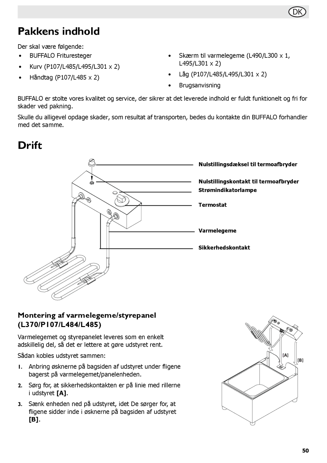 Buffalo Tools L490, L495, L300, L301, f/1.0L USM Pakkens indhold, Montering af varmelegeme/styrepanel L370/P107/L484/L485 