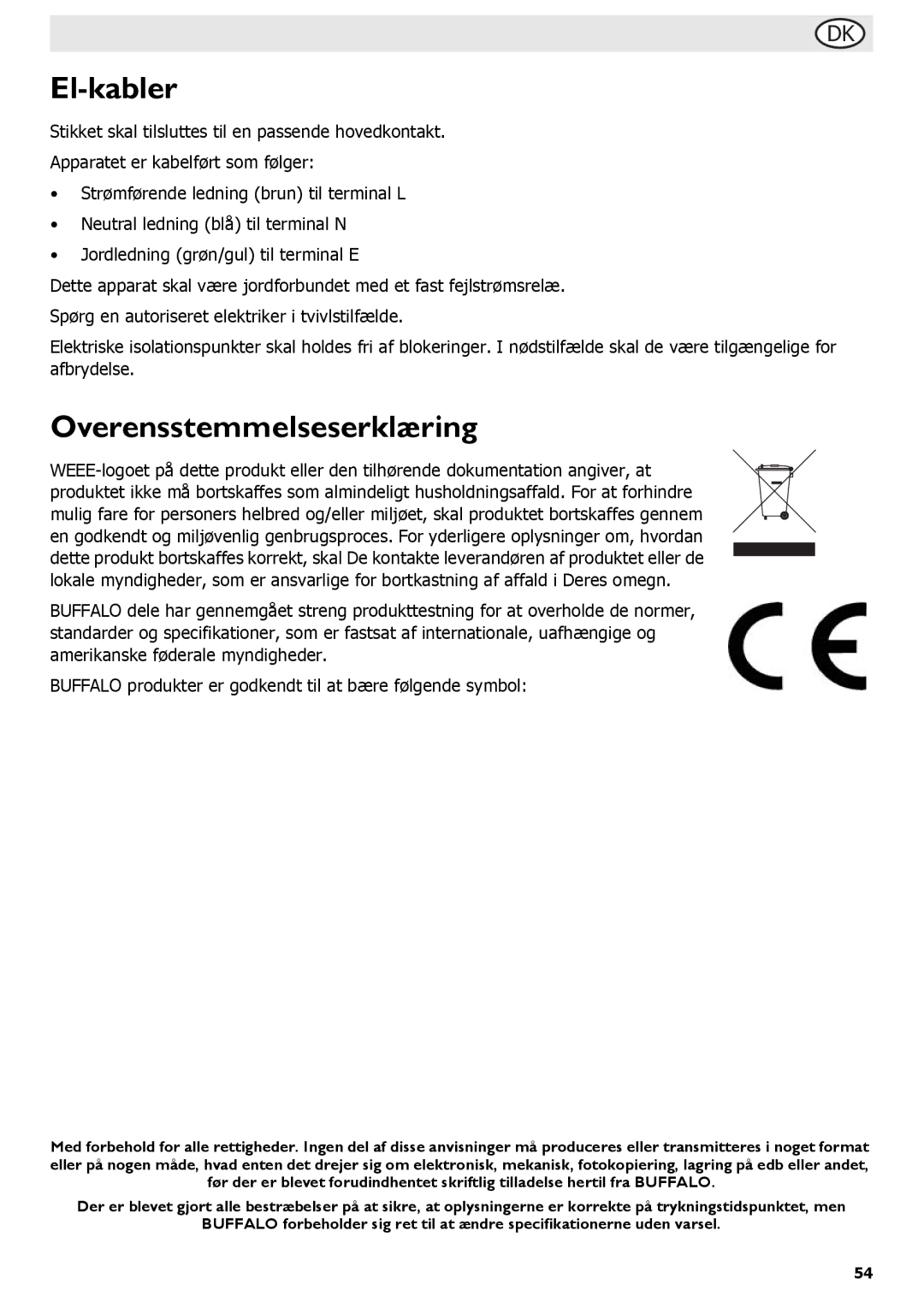 Buffalo Tools L300, L495, P107, L484, L301, f/1.0L USM, L370, L490 instruction manual El-kabler, Overensstemmelseserklæring 