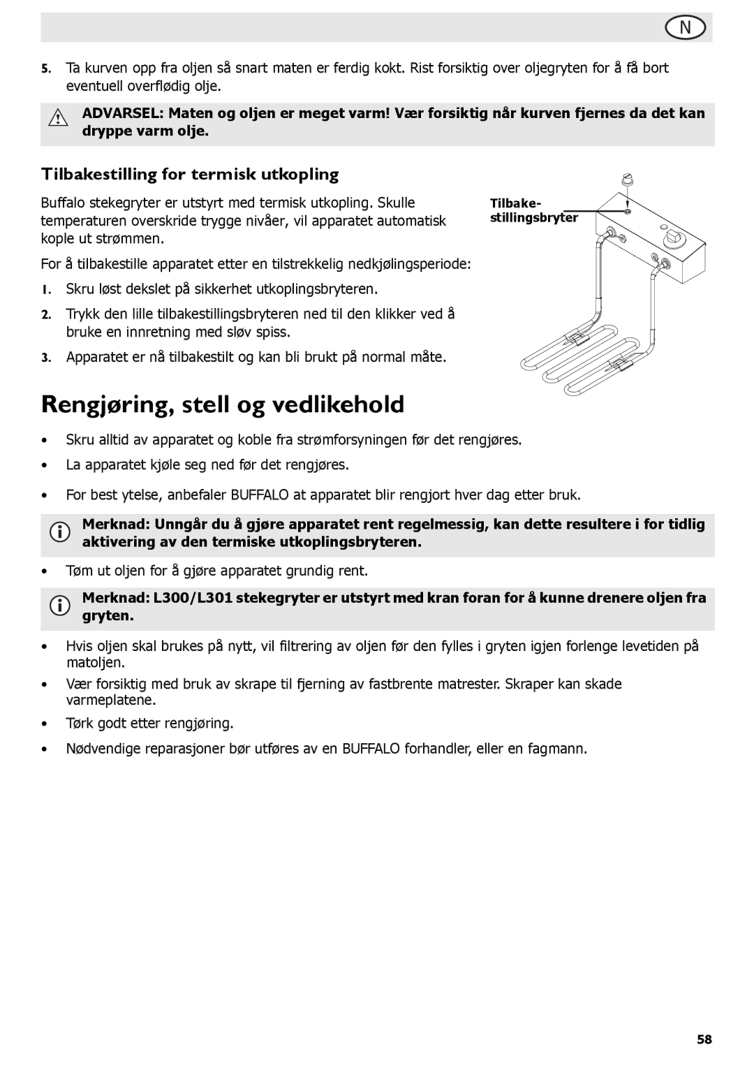 Buffalo Tools L490, L495, P107, L484, L300, L301, L370 Rengjøring, stell og vedlikehold, Tilbakestilling for termisk utkopling 