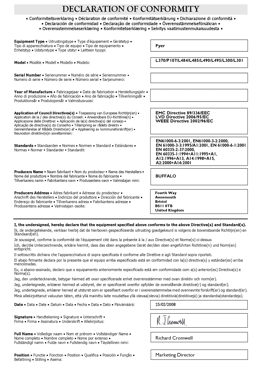 Buffalo Tools L495, P107, L484, L300, L301, f/1.0L USM, L370, L490 instruction manual Declaration of Conformity 