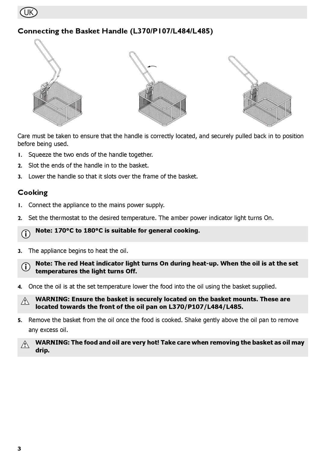 Buffalo Tools L495, L300, L301, f/1.0L USM, L490 instruction manual Connecting the Basket Handle L370/P107/L484/L485, Cooking 