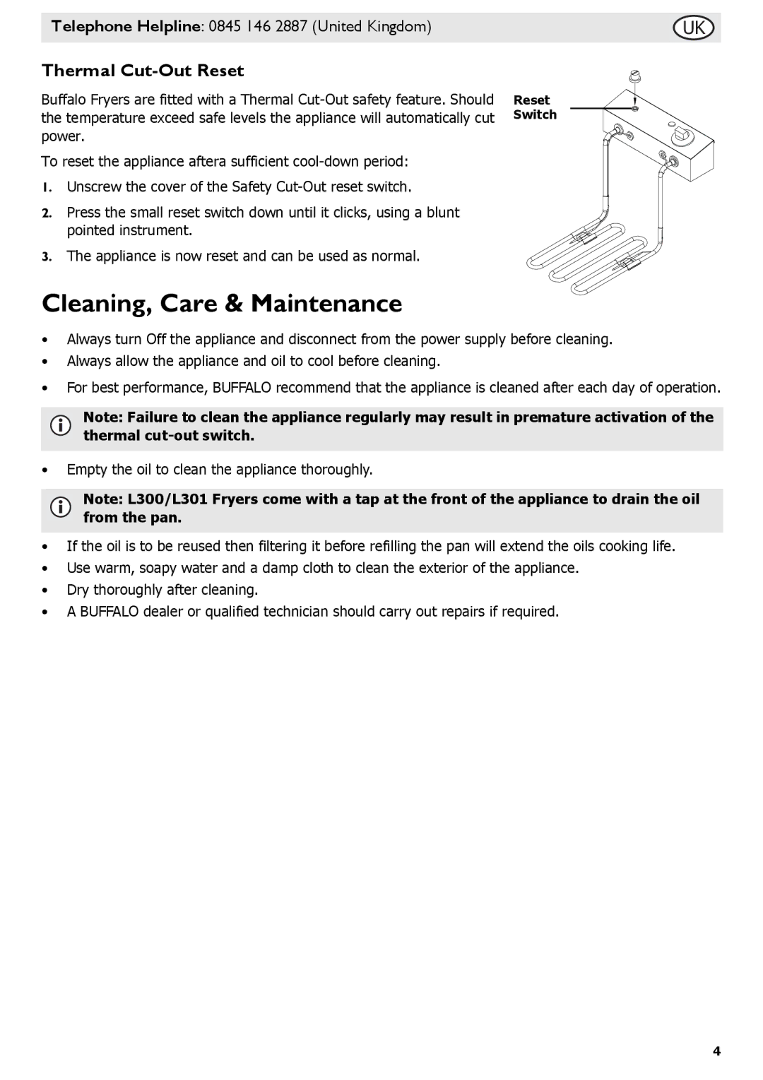 Buffalo Tools P107, L495, L484, L300, L301, f/1.0L USM, L370, L490 Cleaning, Care & Maintenance, Thermal Cut-Out Reset 