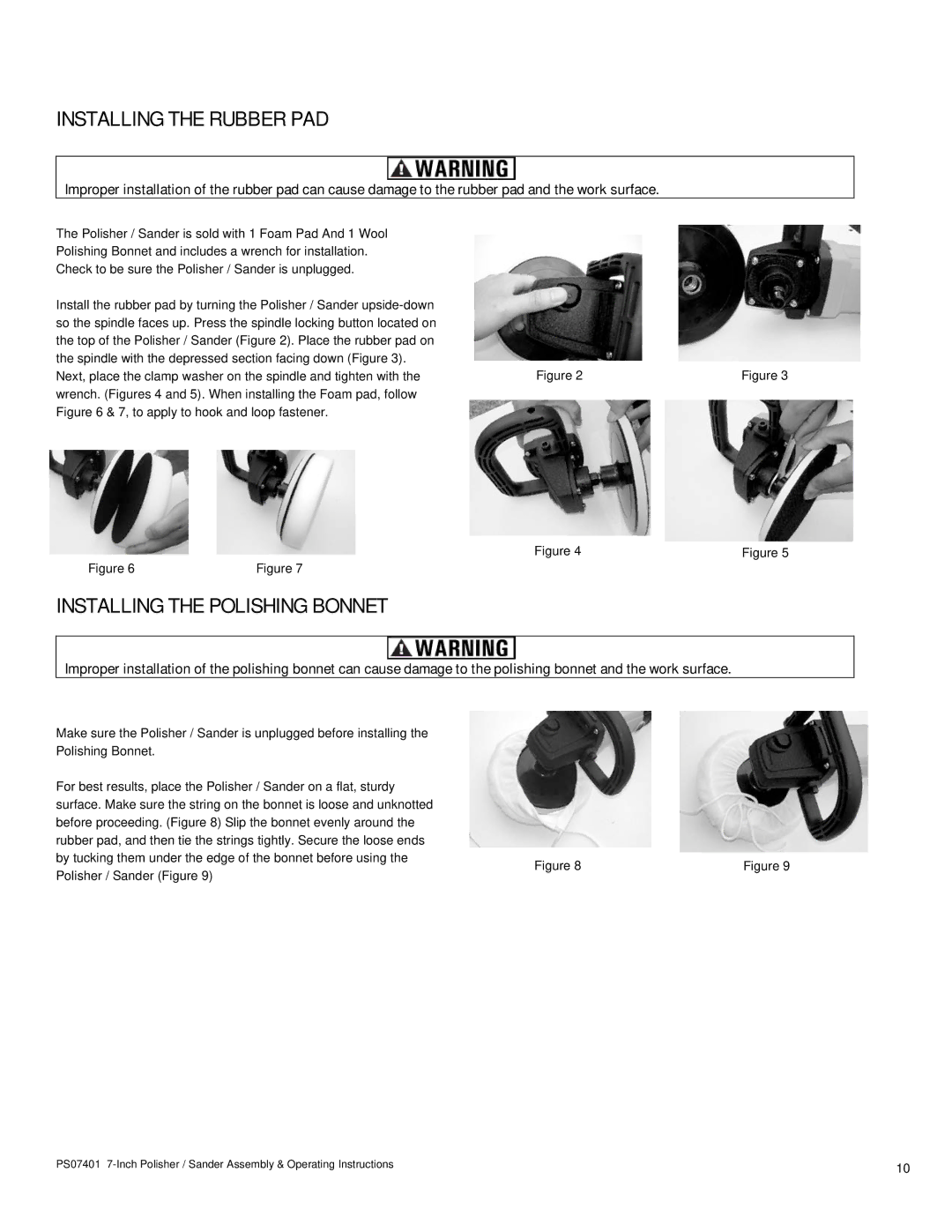 Buffalo Tools PS07401 operating instructions Installing the Rubber PAD, Installing the Polishing Bonnet 