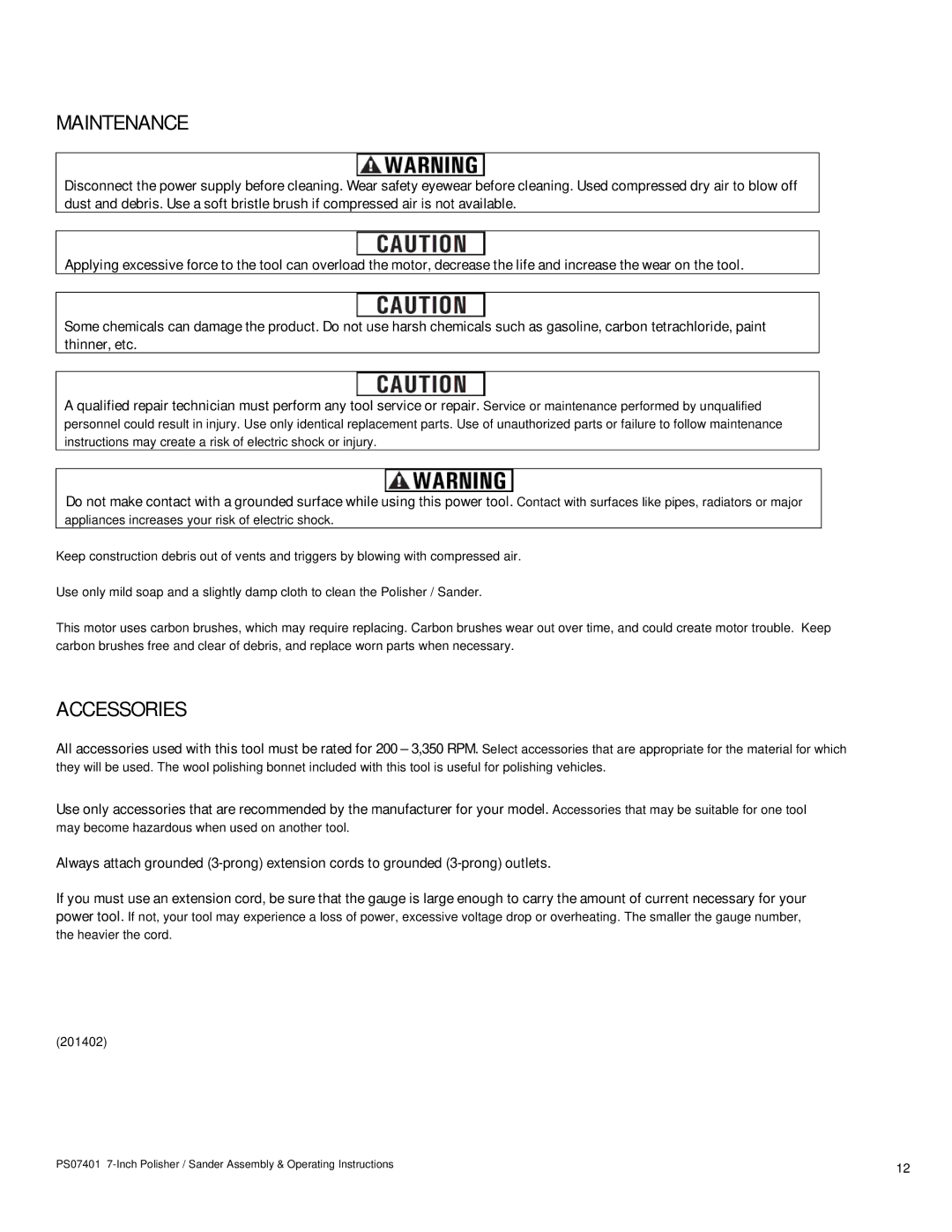 Buffalo Tools PS07401 operating instructions Maintenance, Accessories 