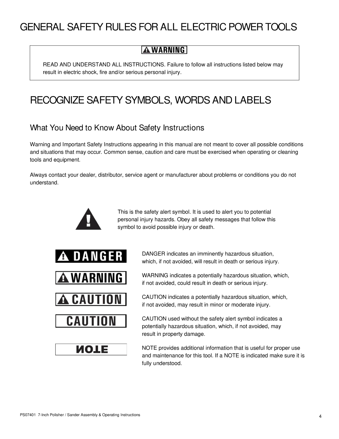 Buffalo Tools PS07401 operating instructions General Safety Rules for ALL Electric Power Tools 