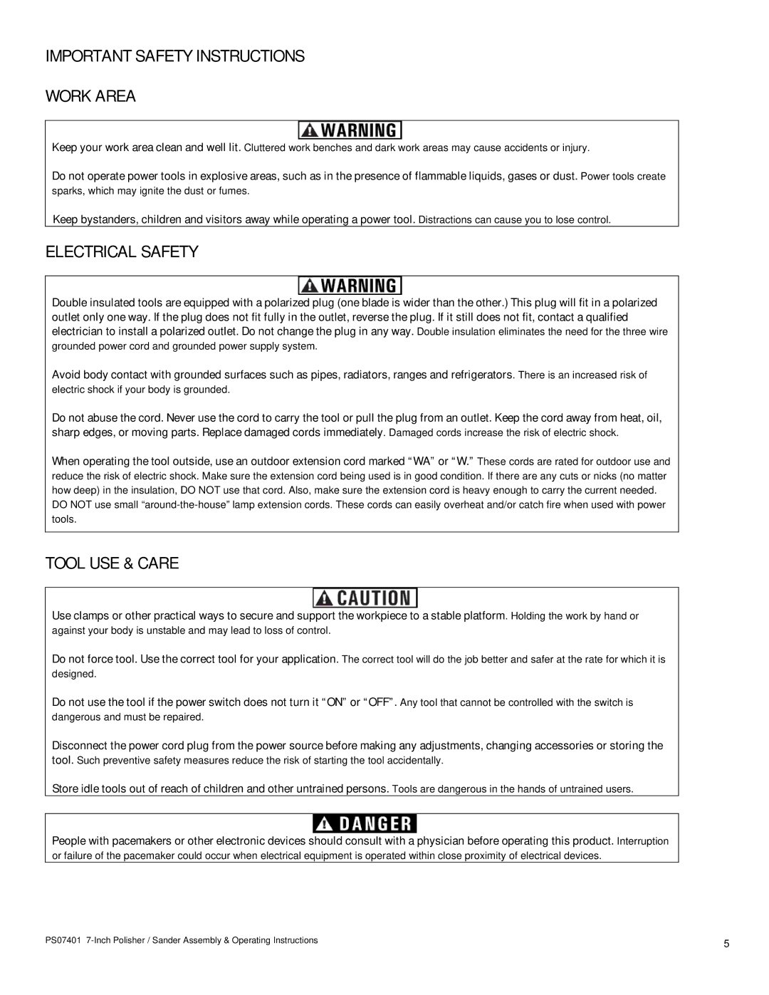 Buffalo Tools PS07401 operating instructions Important Safety Instructions Work Area, Electrical Safety, Tool USE & Care 