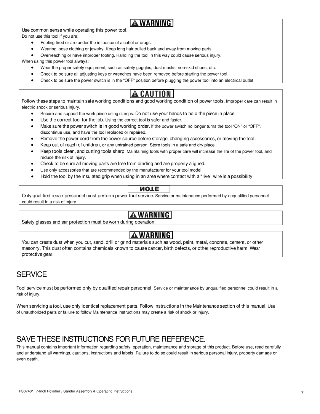 Buffalo Tools PS07401 operating instructions Service 