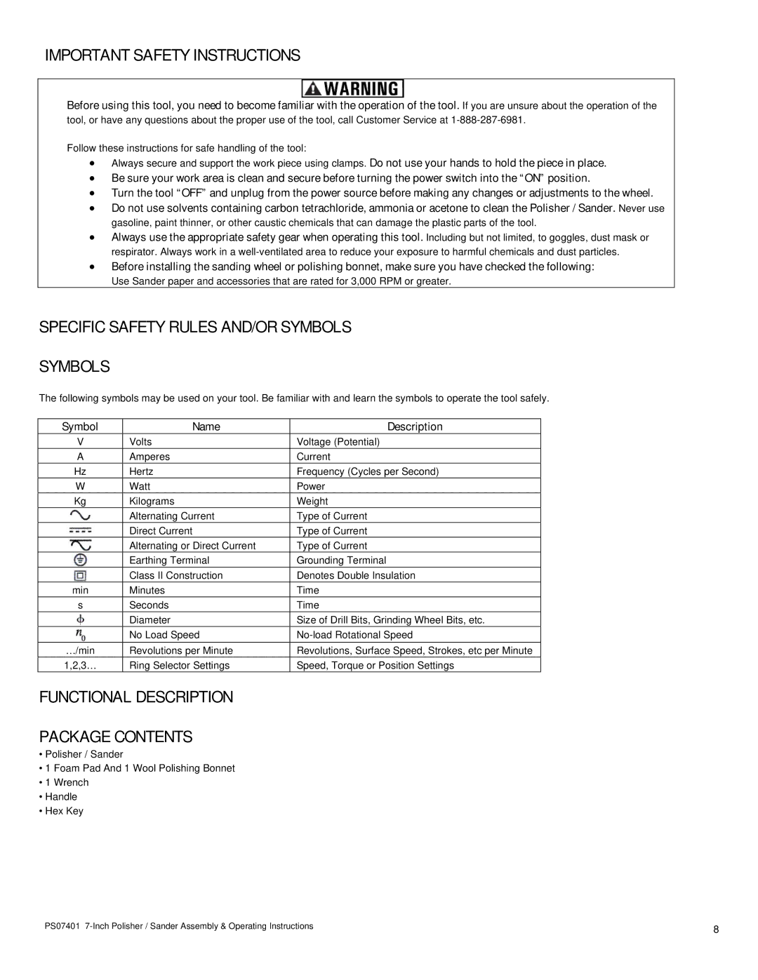 Buffalo Tools PS07401 operating instructions Important Safety Instructions, Specific Safety Rules AND/OR Symbols 