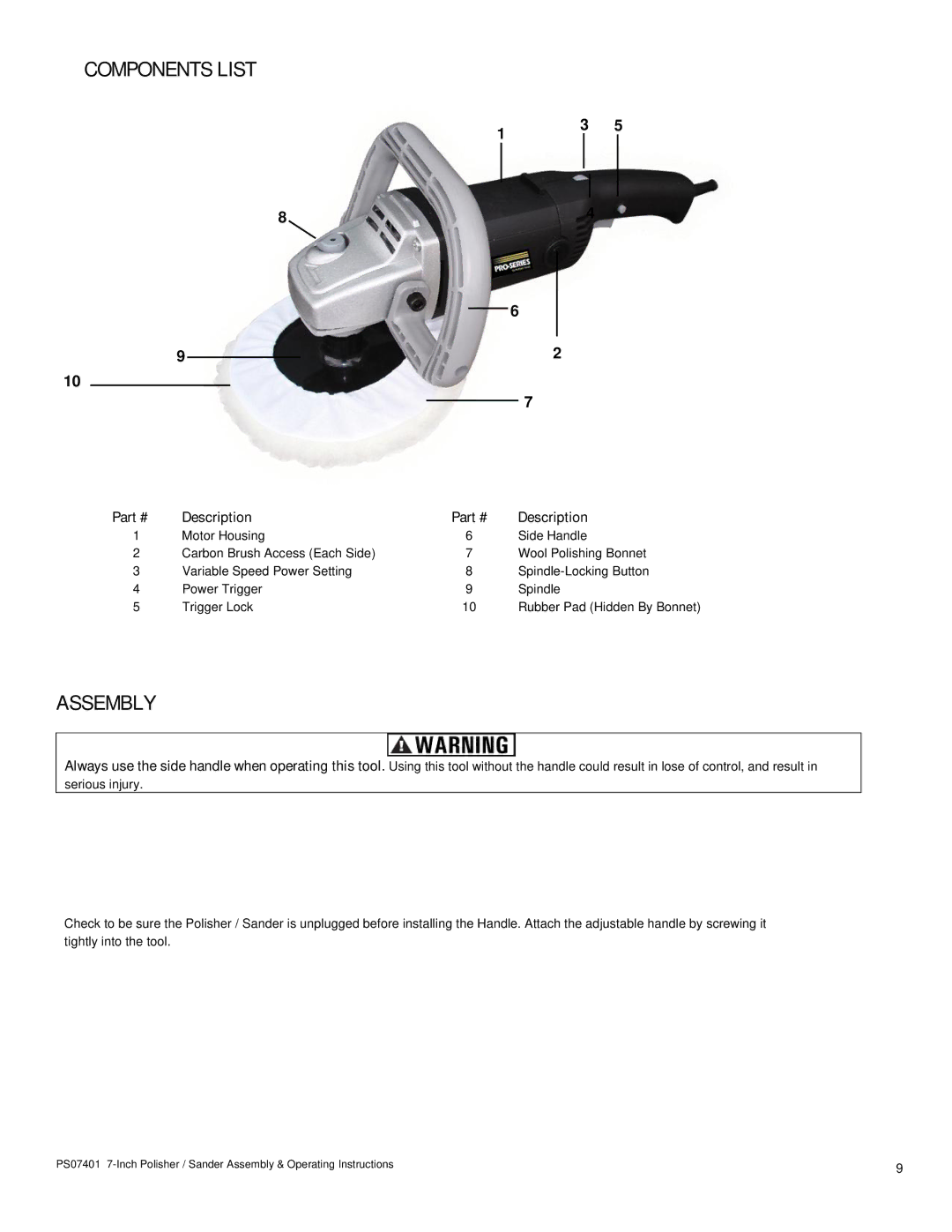 Buffalo Tools PS07401 operating instructions Components List, Assembly 