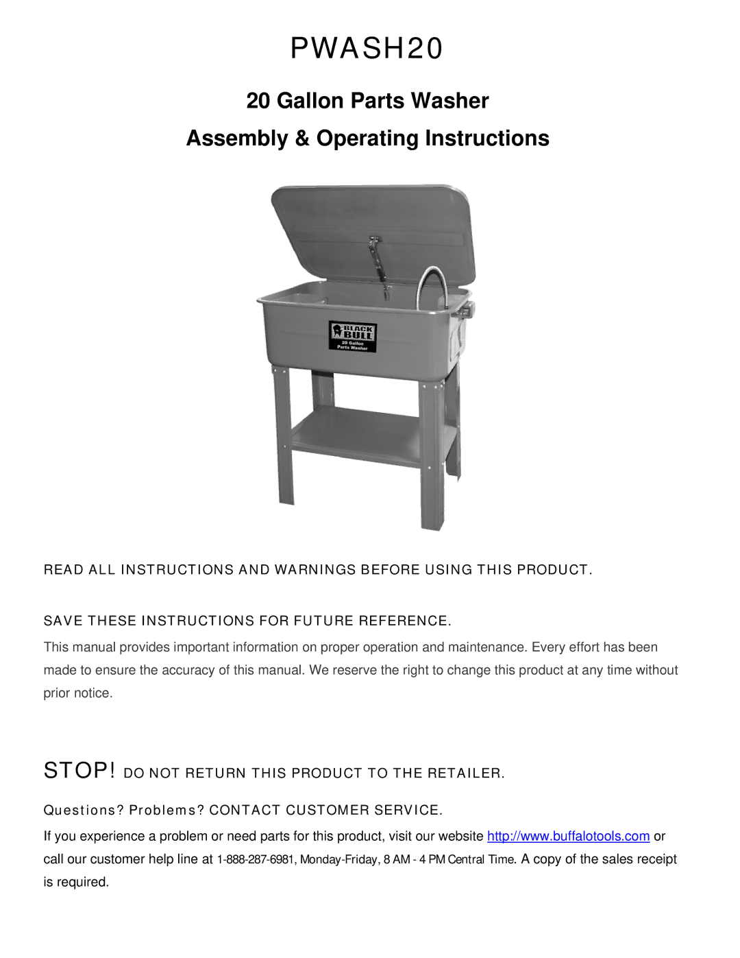 Buffalo Tools PWASH20 operating instructions 