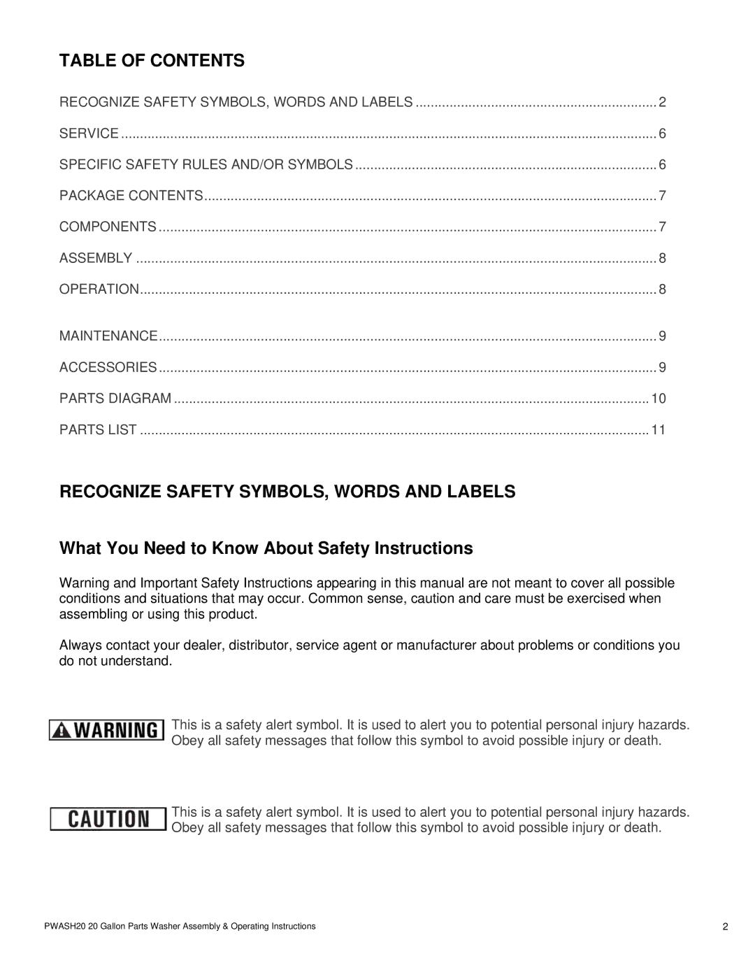 Buffalo Tools PWASH20 operating instructions Table of Contents 